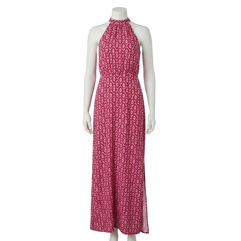 Pink Geometric Ikat Halter Maxi Dress Sleeveless Side Slit Tie Back Gown